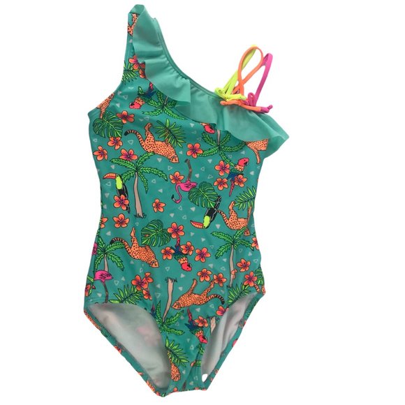 Girls Swimsuit One Shoulder Ruffle. Blue. Size M 7/8. Cat and Jack. Jungle